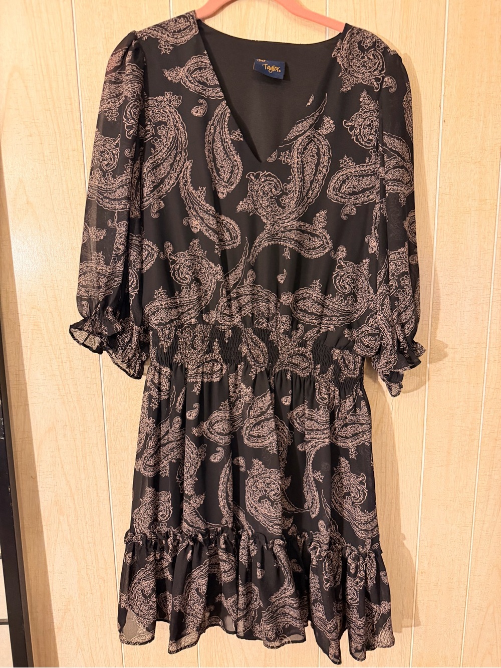 Taylor Black Dress with Taupe Paisley Print and Ruffle Hem
